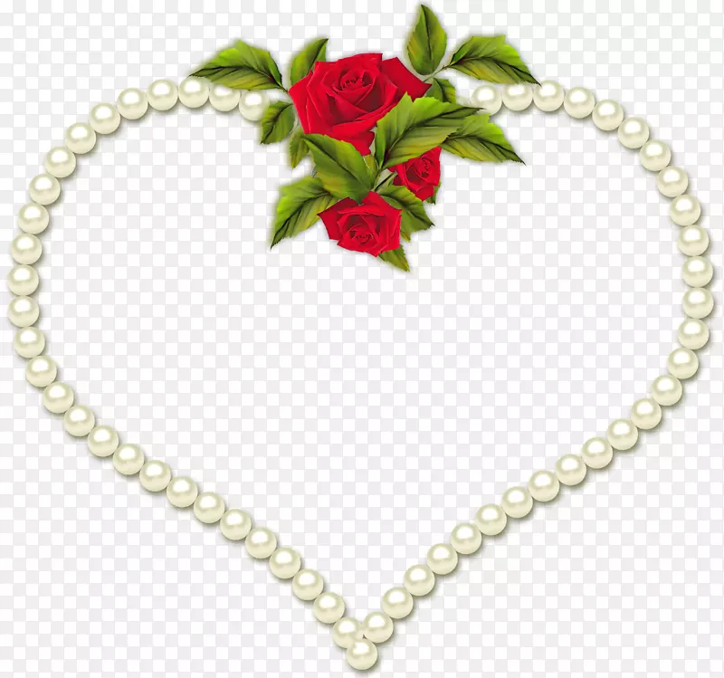 相框心玫瑰夹艺术-剪影珍珠项链图片，珍珠心