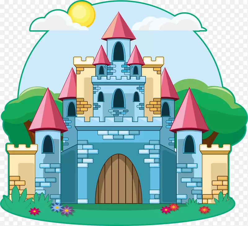 城堡卡通画插图-童话蓝色城堡