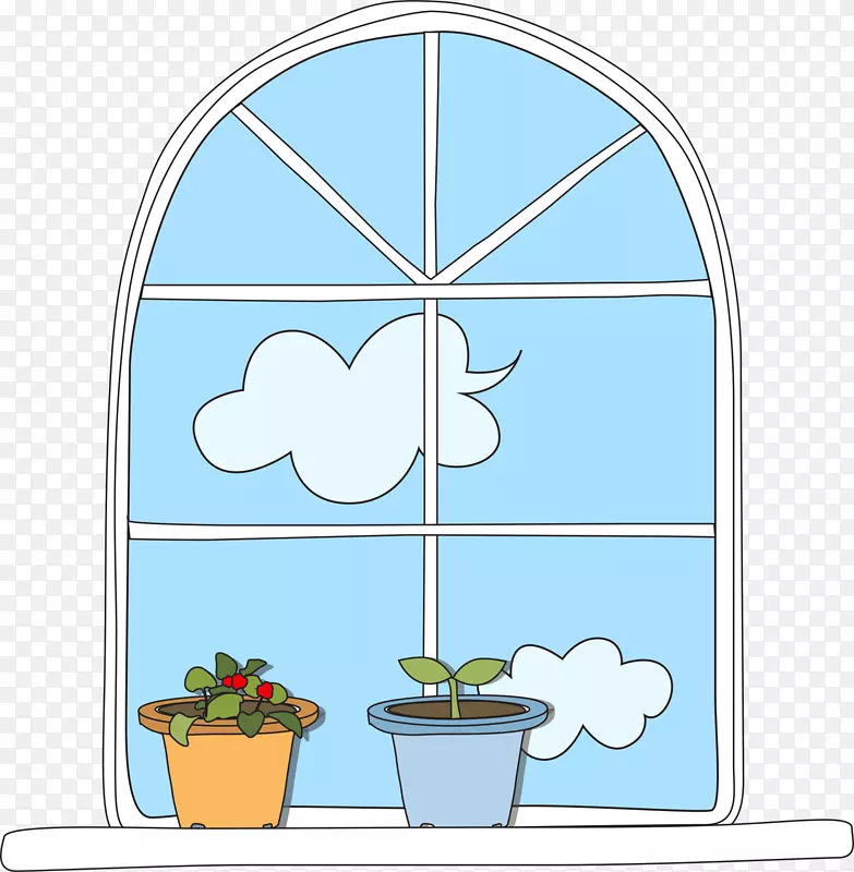 橱窗卡通插图.手绘蓝色窗户