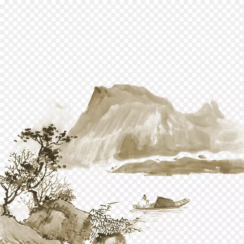 山水画印度水墨画山树船材质图