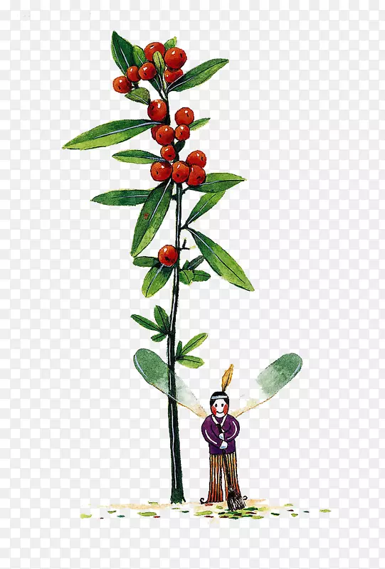 蜻蜓植物水彩画-卡通可爱蜻蜓精灵植物