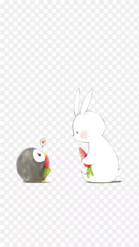 复活节兔子卡通插图-小企鹅和小兔子