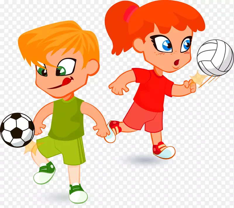 儿童卡通插图-儿童踢足球网球