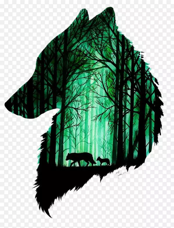 灰狼绘画艺术水彩画-森林大小的两只狼