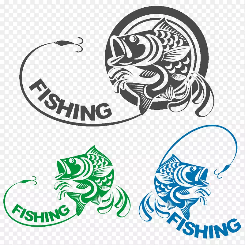 钓鱼版税-免费钓鱼插图-创造性的黑色，绿色，蓝色的鱼无花果。