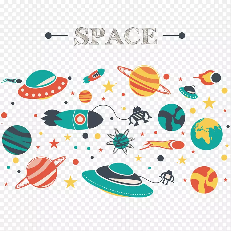 宇宙飞船卡通太空插图-可爱的平面空间背景