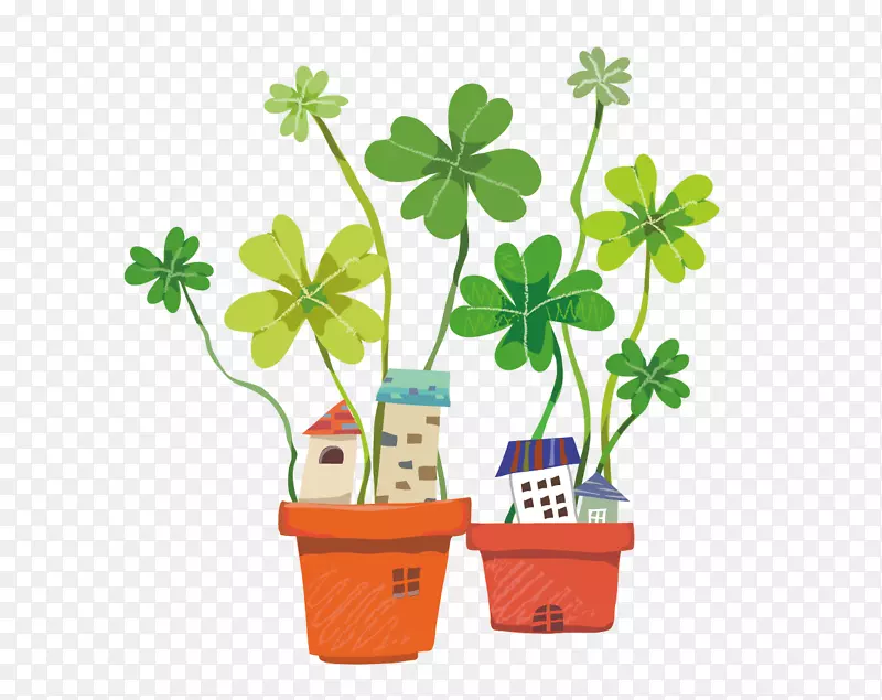 卡通插图.盆栽三叶草材料