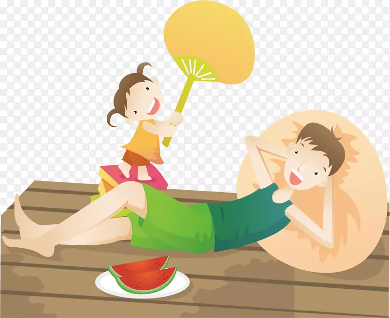 夏日卡通海报摄影插画-父女度假生活吃西瓜树荫