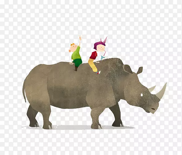 犀牛版画狗插图-孩子们骑在犀牛的后面
