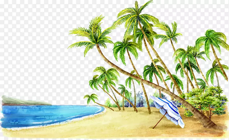 海滩水彩画福基椰子山水画-海滩边缘的树木