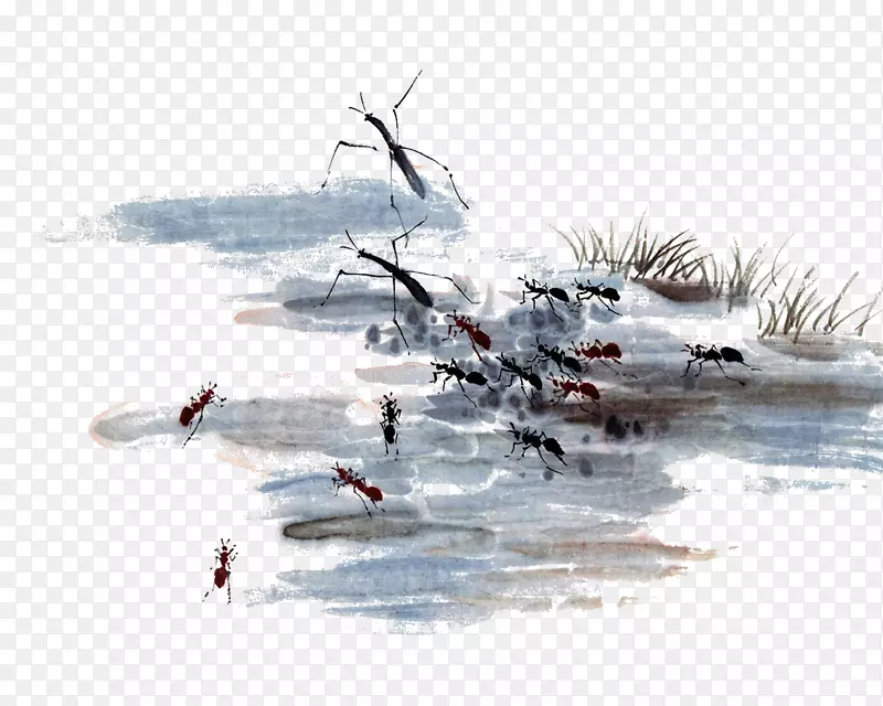 水墨画画水彩画墙纸-池塘里的蚂蚁