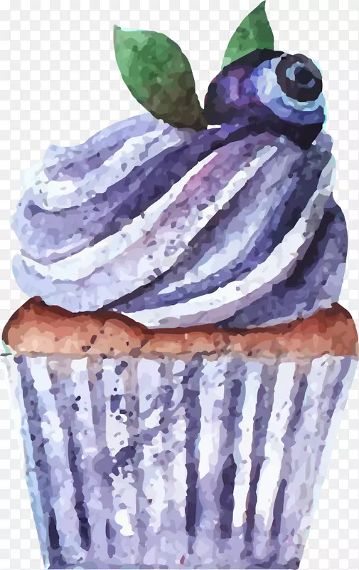 纸杯蛋糕水彩画-蓝莓冰淇淋
