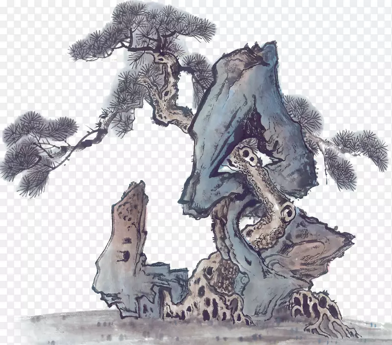 水墨山水画插图-古代水墨树石