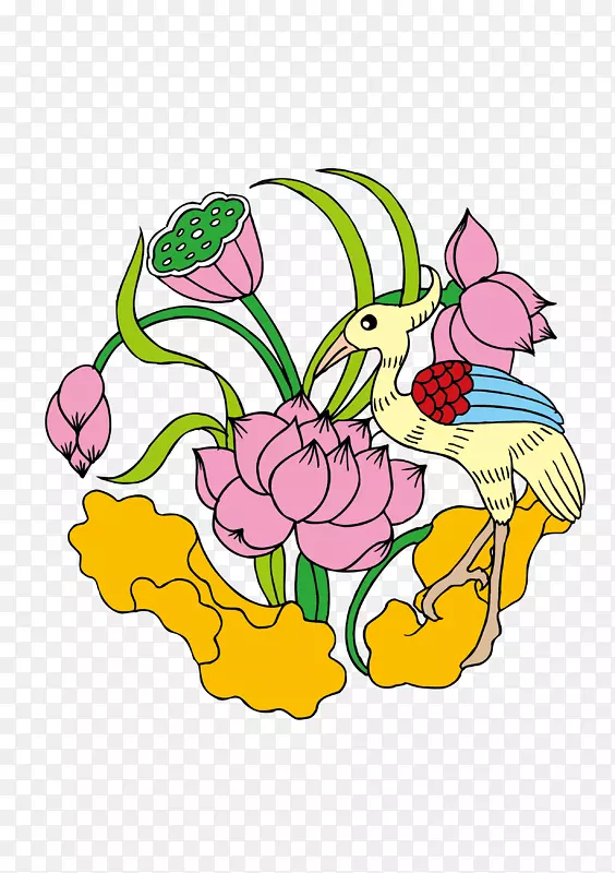 莲花39卡通插图-粉红色莲花和鹤
