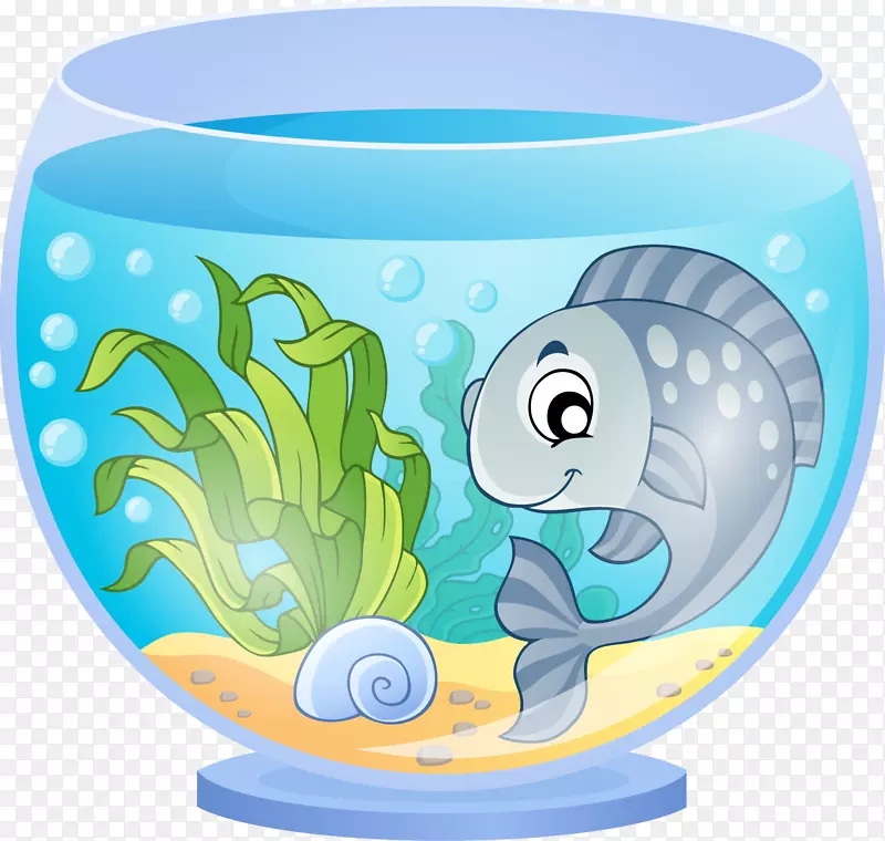 水族馆卡通金鱼-蓝鱼及鱼缸