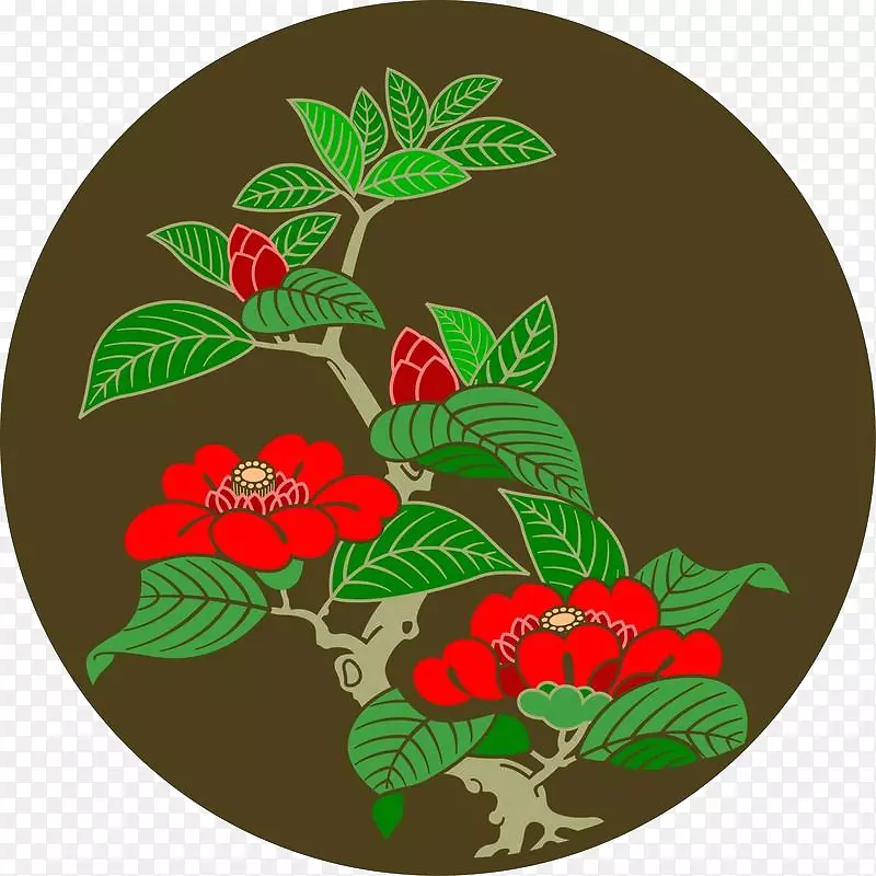 小门插画-传统圆红牡丹