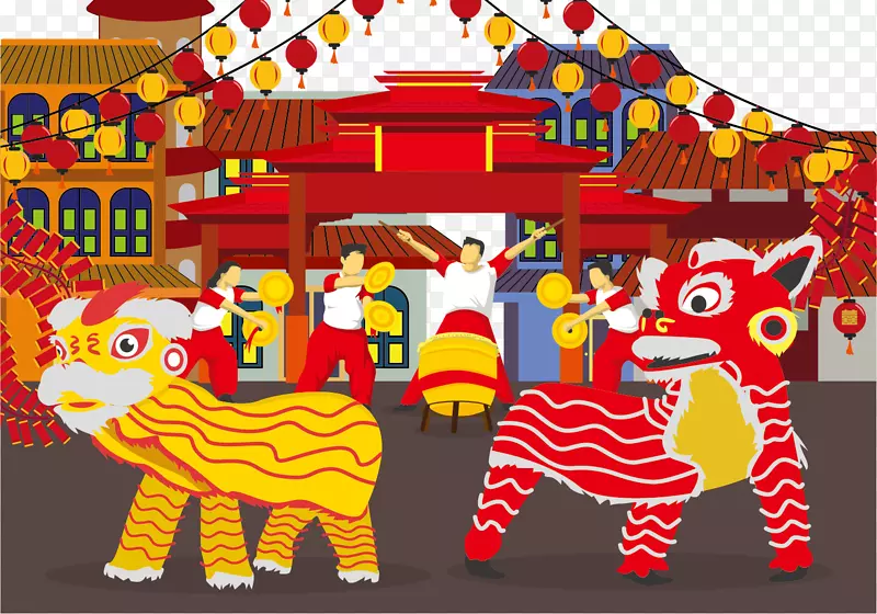 舞狮节农历新年-卡通舞狮鼓节