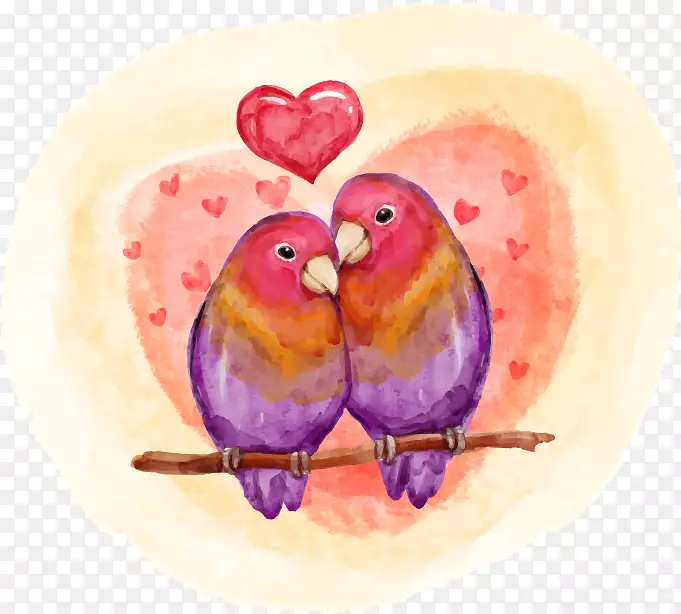 爱情鸟情人节-爱情鸟手绘水彩画