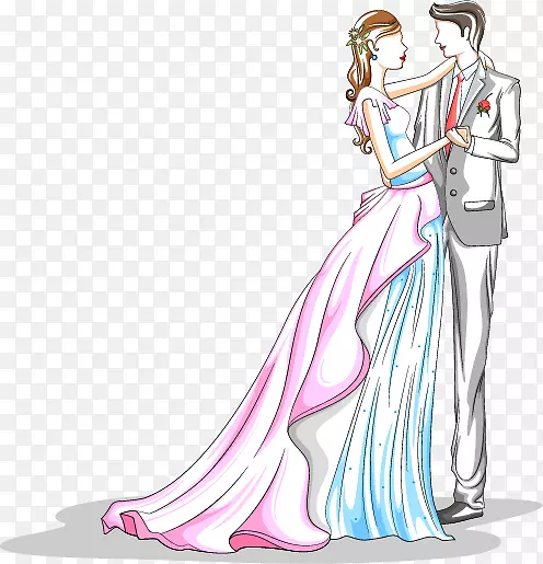 卡通婚礼插画-情人节彩绘新娘和新郎