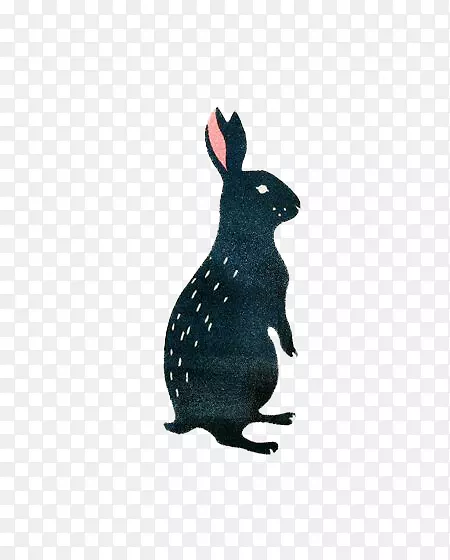 水彩画调色板绘图插画-深蓝色兔子