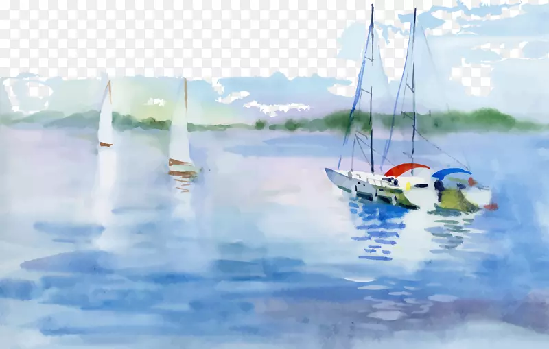 水彩风景水彩画船插图-美丽的水彩画船湖