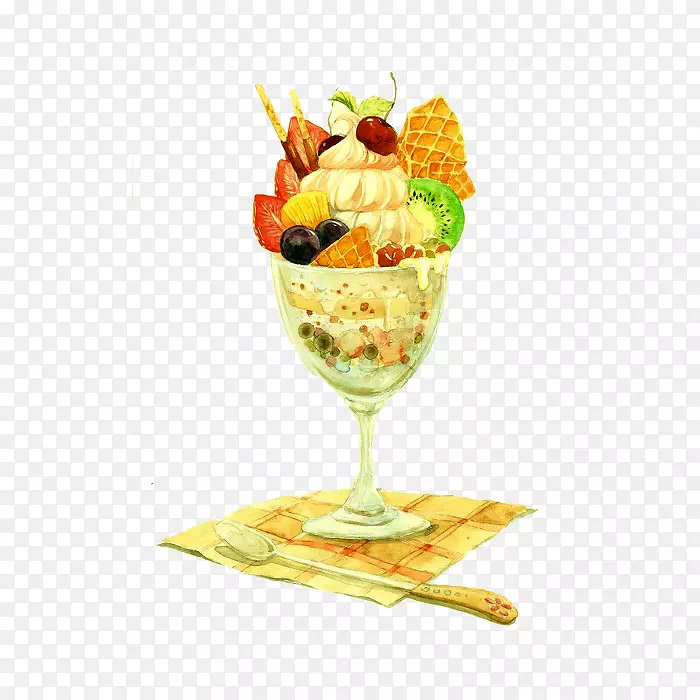 冰淇淋圆锥体圣代水彩画手绘美味水果冰淇淋