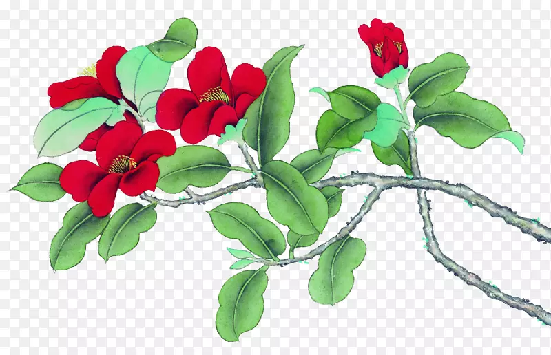 花鸟画画宫壁水彩画红花绿叶材料免费扣