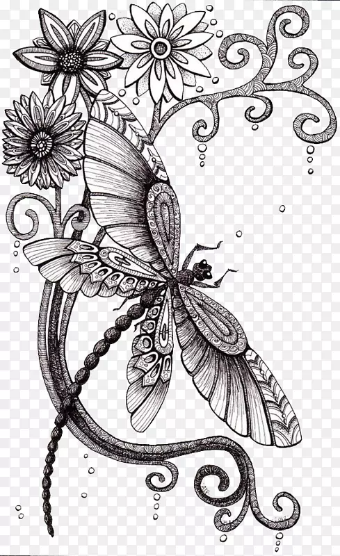 素描蜻蜓艺术理念素描装饰画花卉蜻蜓