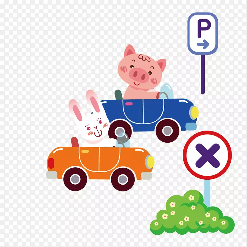 汽车-驾驶一只兔子和一只小猪