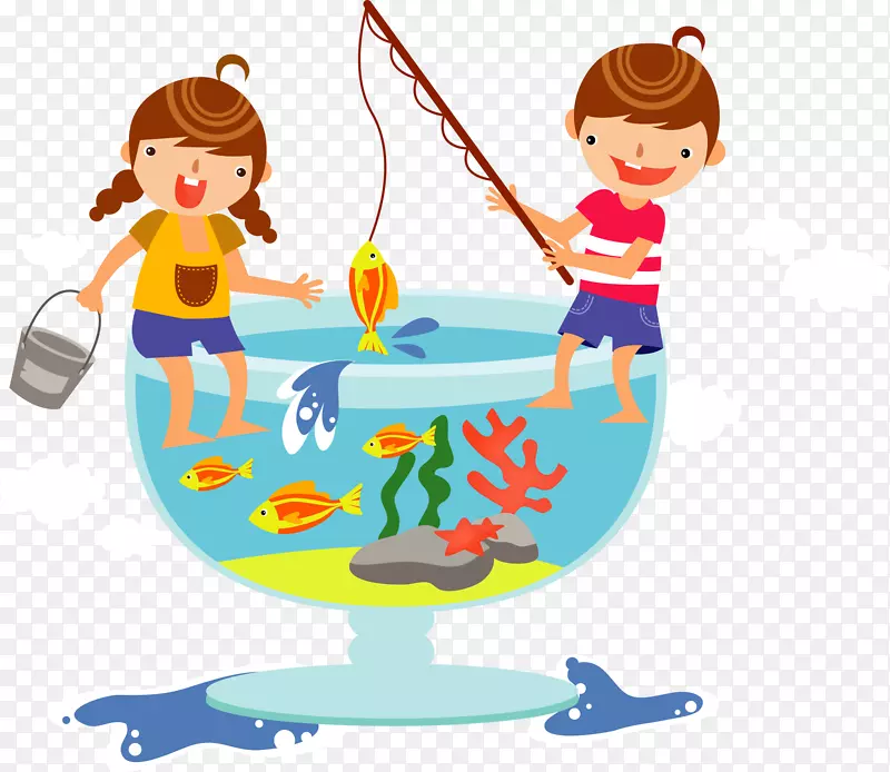 钓鱼娱乐卡通儿童插图-儿童鱼缸顶部