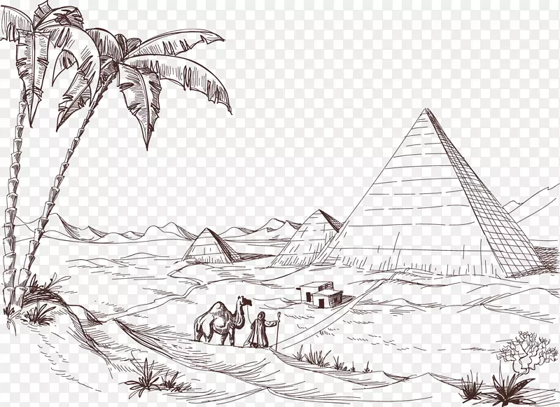 沙漠景观素描-铅笔素描金字塔