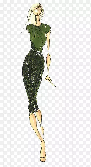 潘通色秋色绿色时尚-简单设计的女性时装插图