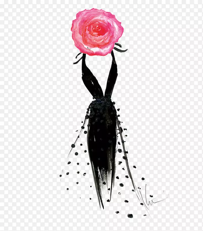 香奈儿服饰时尚插画礼服-粉红黑色中式花妇女节