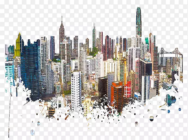 香港天际线水彩画海报当代艺术城市大厦