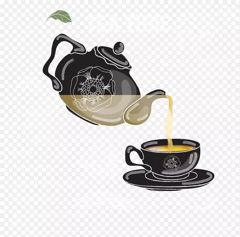 茶壶、咖啡杯、手绘茶时间、黑板背景