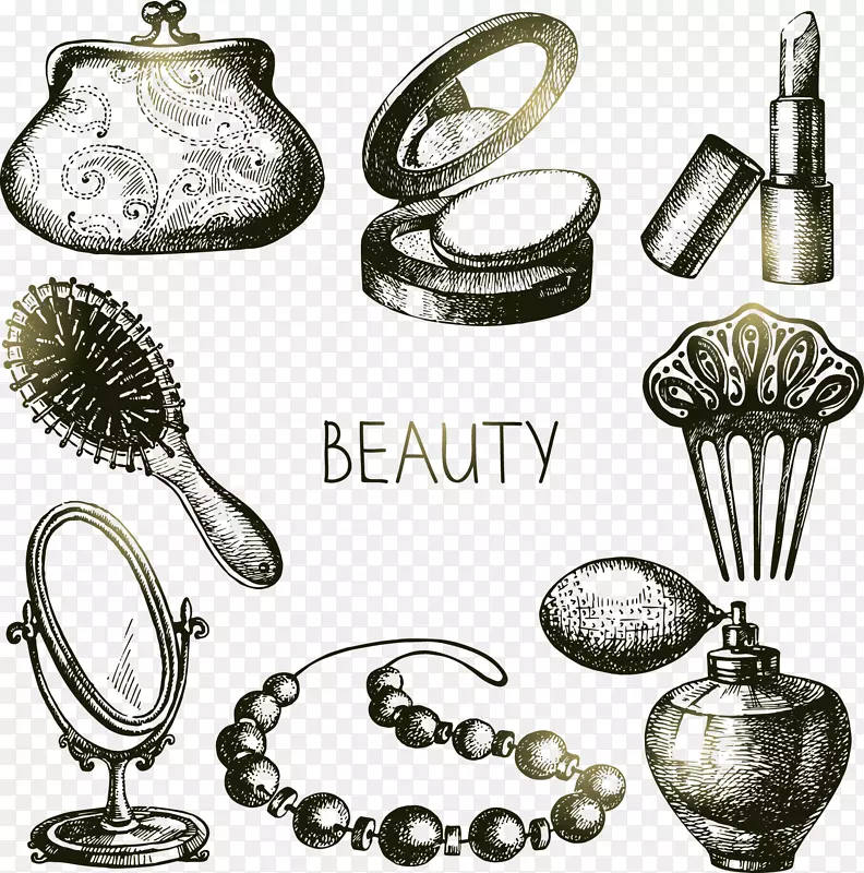 化妆品素描摄影插图.流动妇女化妆品和珠宝