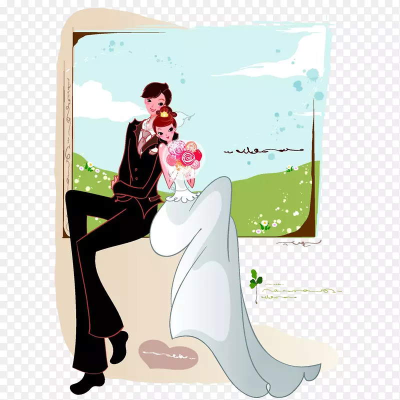婚礼邀请新郎结婚-卡通新娘和新郎