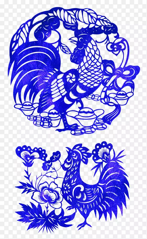 婚礼邀请函公鸡新年十二生肖蓝蓝剪纸公鸡装饰图案