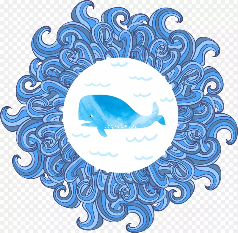 水彩画-无版税波浪插图-蓝色海豚波浪图案