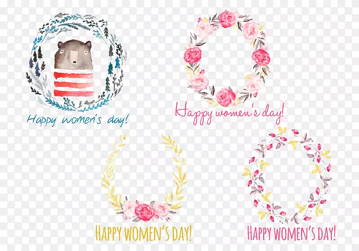 国际妇女节平面设计花圈妇女艺术手绘三十八个妇女节快乐花圈