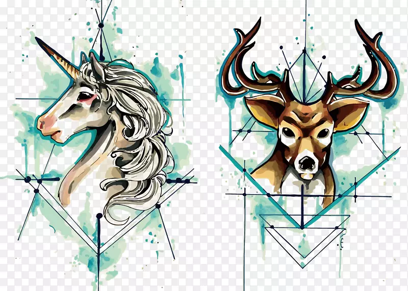 鹿独角兽水彩画独角兽和鹿