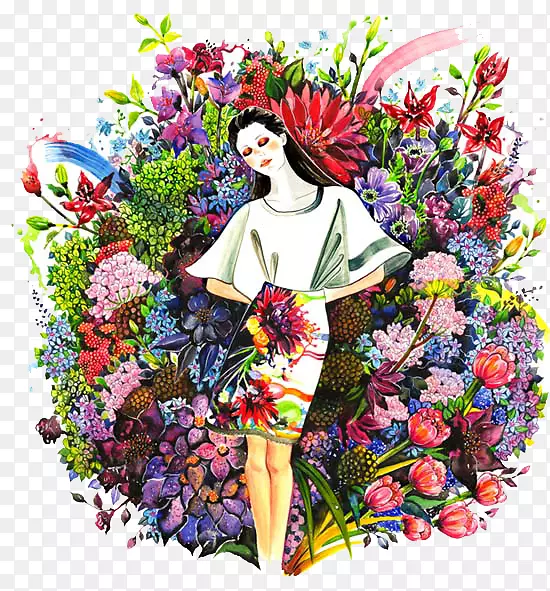 时装插画.手绘花卉妇女