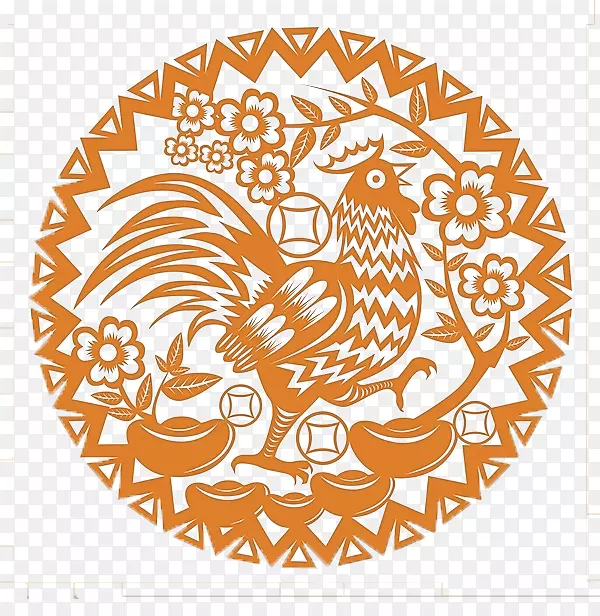 布达亚天河鸡剪纸十二生肖-橙色风剪纸公鸡装饰图案