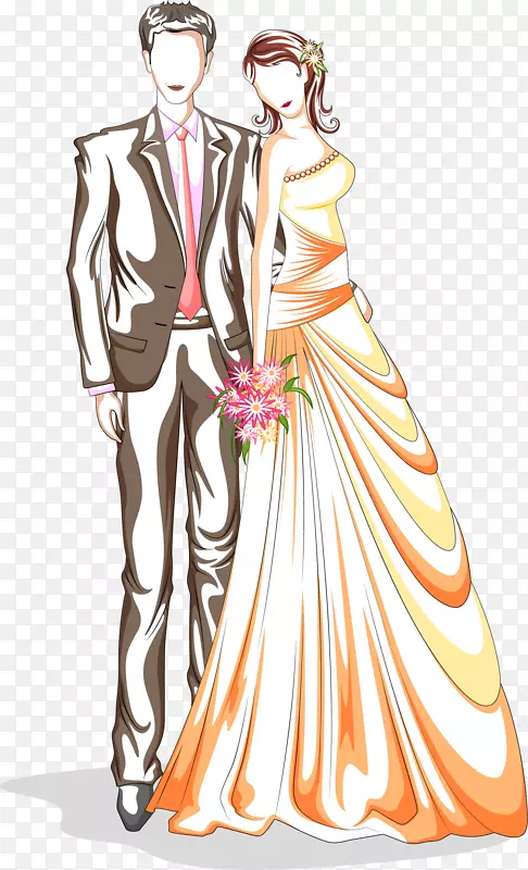 婚礼邀请函婚纱照插画-情人节彩绘新娘和新郎