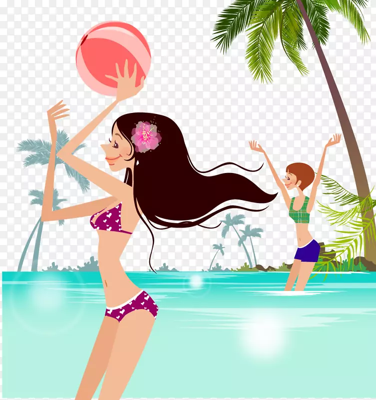 沙滩插画-美丽的美女创意玩水球