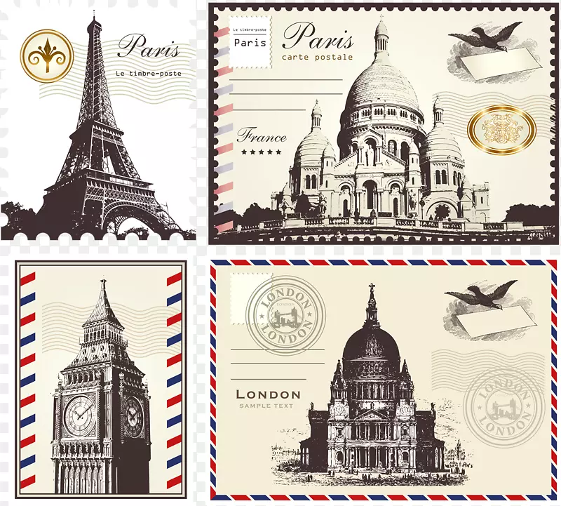 巴黎邮票橡胶邮票夹艺术-地标邮票