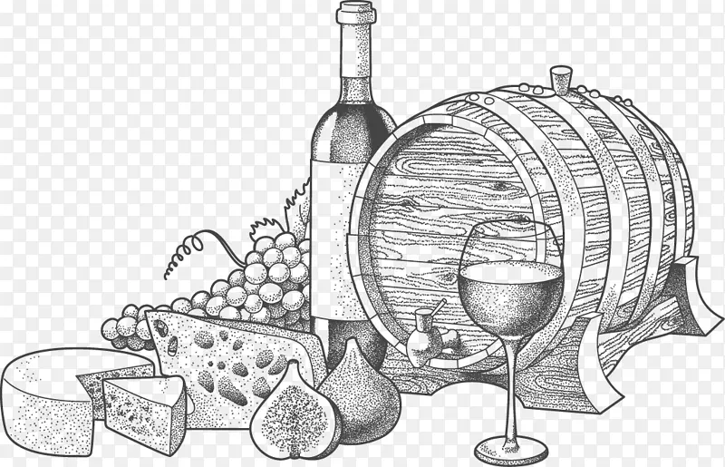 葡萄酒蓝色奶酪插图.手绘葡萄酒和奶酪