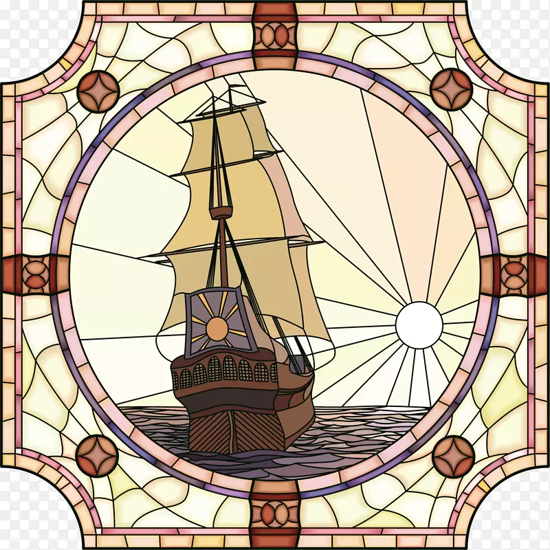 帆船彩色玻璃夹子艺术转向窗png元素