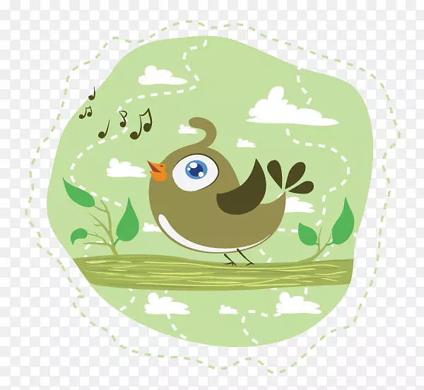 鸟类卡通歌唱插图-绿色背景鸟