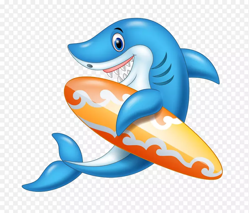 鲨鱼卡通冲浪板插图-跳跃鲨鱼